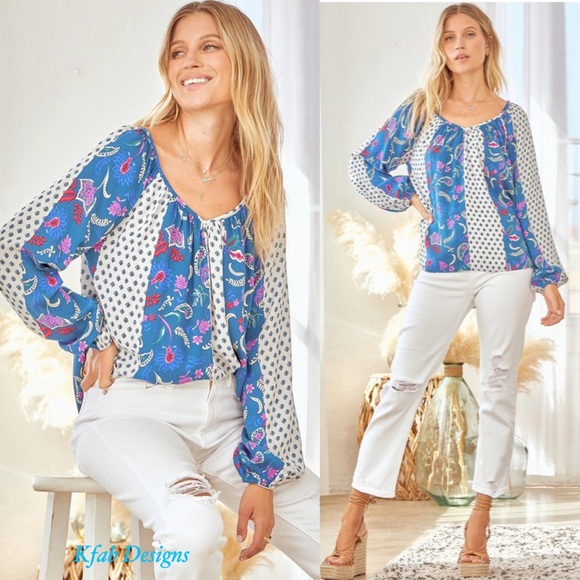 ❤️LAST 1! V Neck Ballon Sleeves Pattern Mix Back Tie Flowy Blouse! - Picture 4 of 8